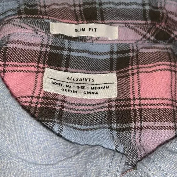 All Saints Long Sleeve Shirt Pink Blue SLIM FIT sz medium - Picture 5 of 7